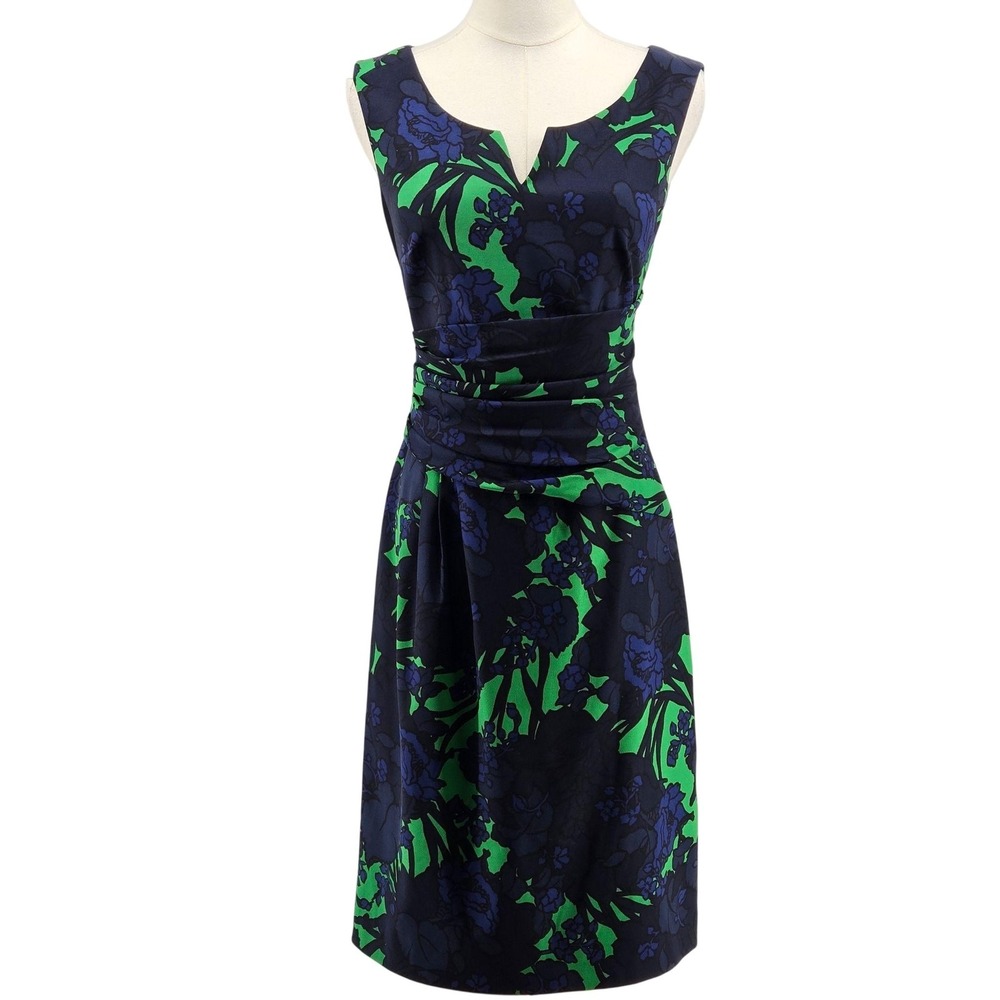 Kay Unger Dress Womens 8 Blue Sheath Sleeveless V-Neck Ruched Cocktail Party